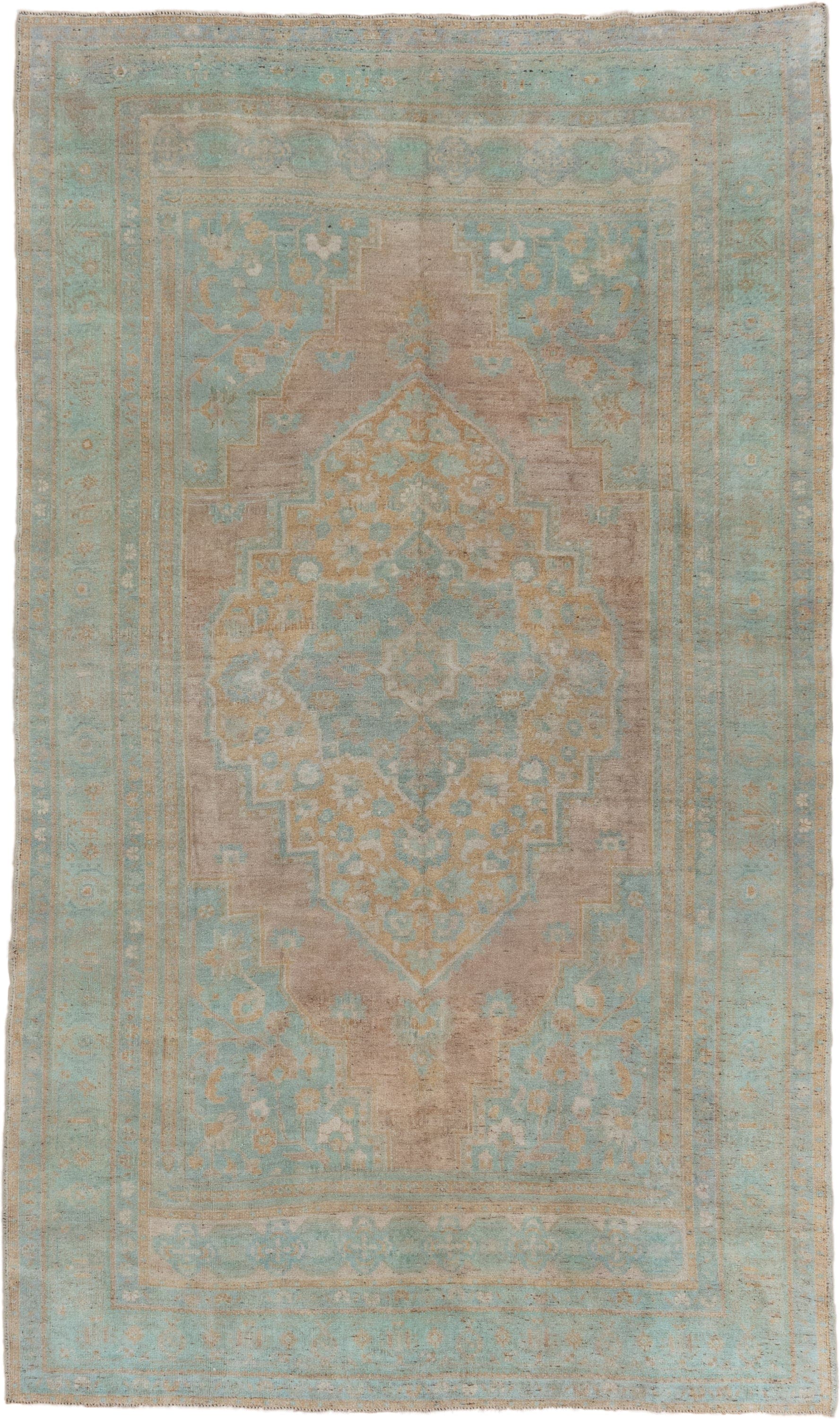 6' x 10' one-of-a-kind handmade vintage Oushak large size rug. Color palette: aqua, taupe, beige, ivory, sand, teal, gray