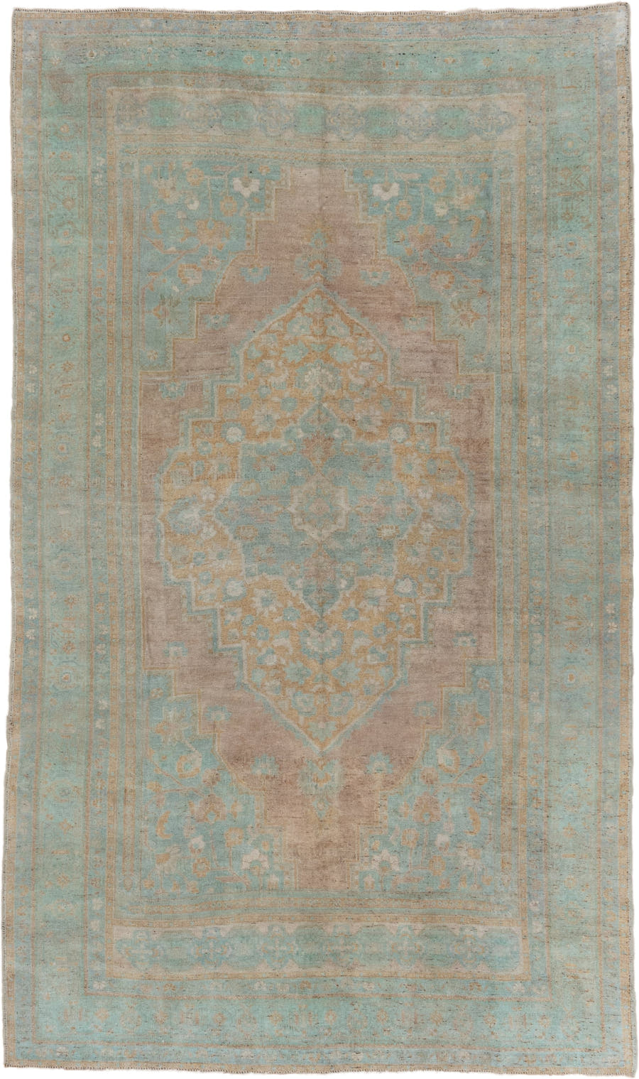6' x 10' one-of-a-kind handmade vintage Oushak large size rug. Color palette: aqua, taupe, beige, ivory, sand, teal, gray