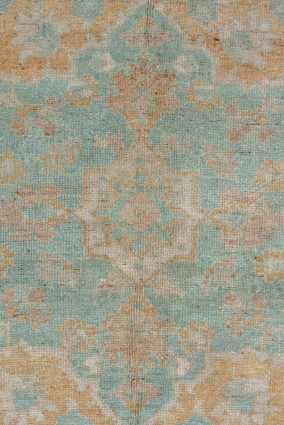6' x 10' one-of-a-kind handmade vintage Oushak large size rug. Color palette: aqua, taupe, beige, ivory, sand, teal, gray