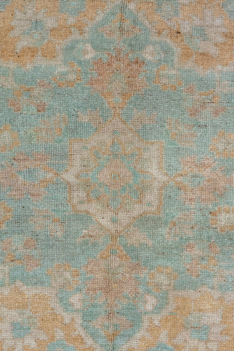 6' x 10' one-of-a-kind handmade vintage Oushak large size rug. Color palette: aqua, taupe, beige, ivory, sand, teal, gray