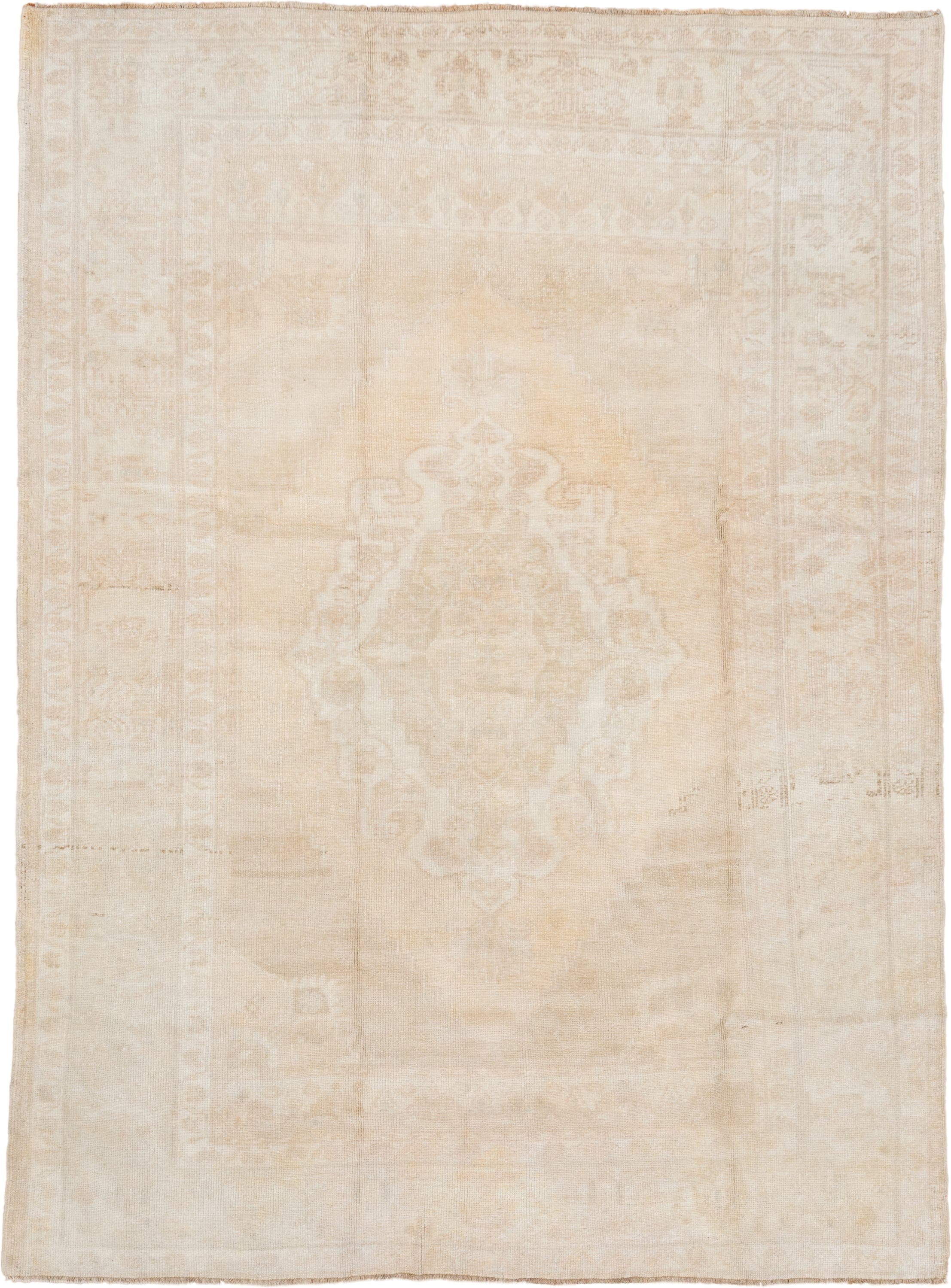 5' x 7' one-of-a-kind handmade vintage Oushak rug. Color palette: ivory, cream, sand, beige, taupe, gray