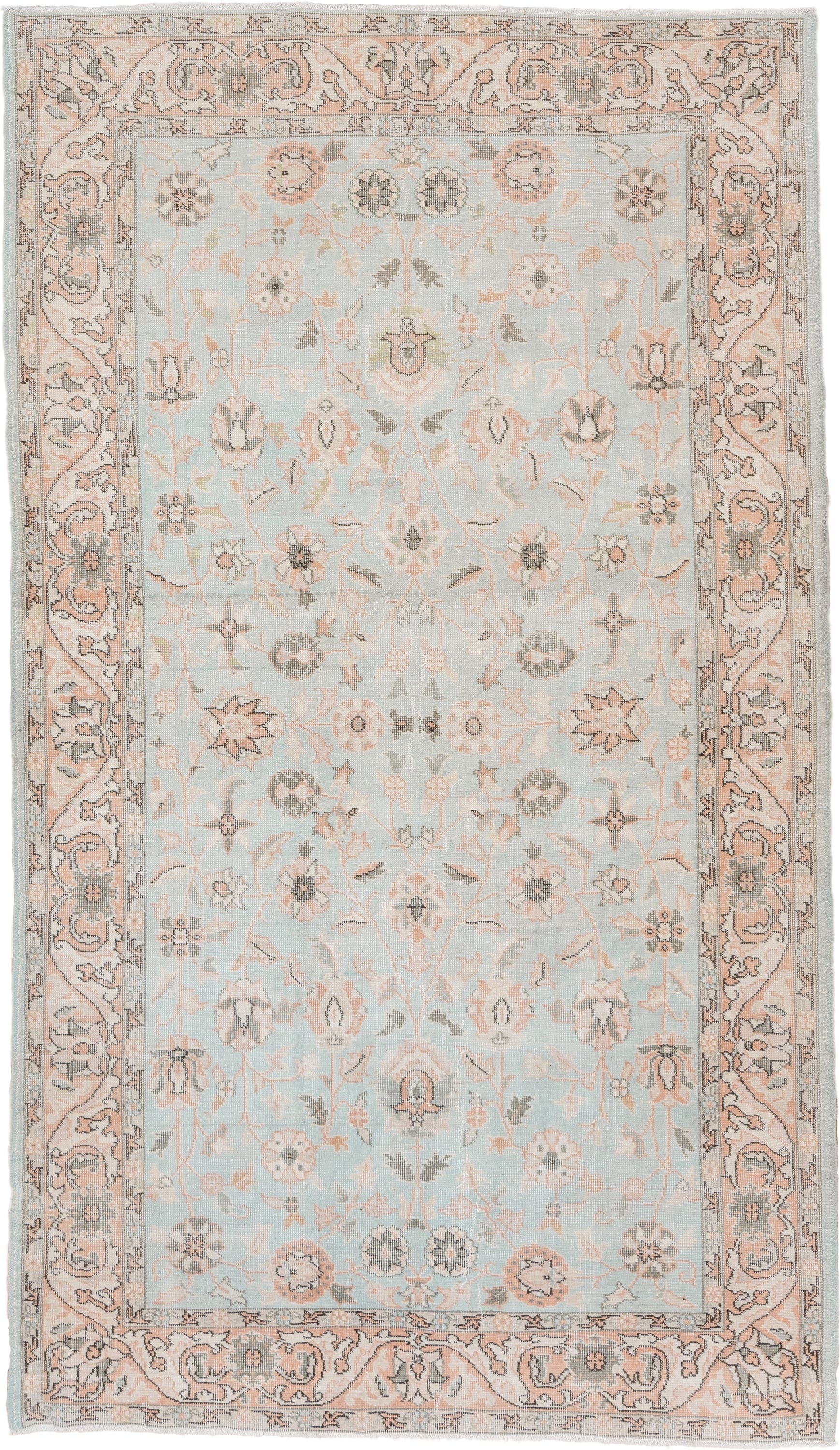 5' x 8' one-of-a-kind handmade vintage Oushak medium size rug. Color palette: pale blue, blush, ivory, sage, taupe, peach