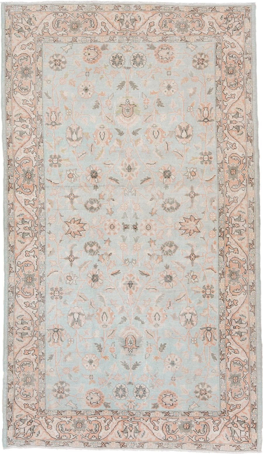 5' x 8' one-of-a-kind handmade vintage Oushak medium size rug. Color palette: pale blue, blush, ivory, sage, taupe, peach