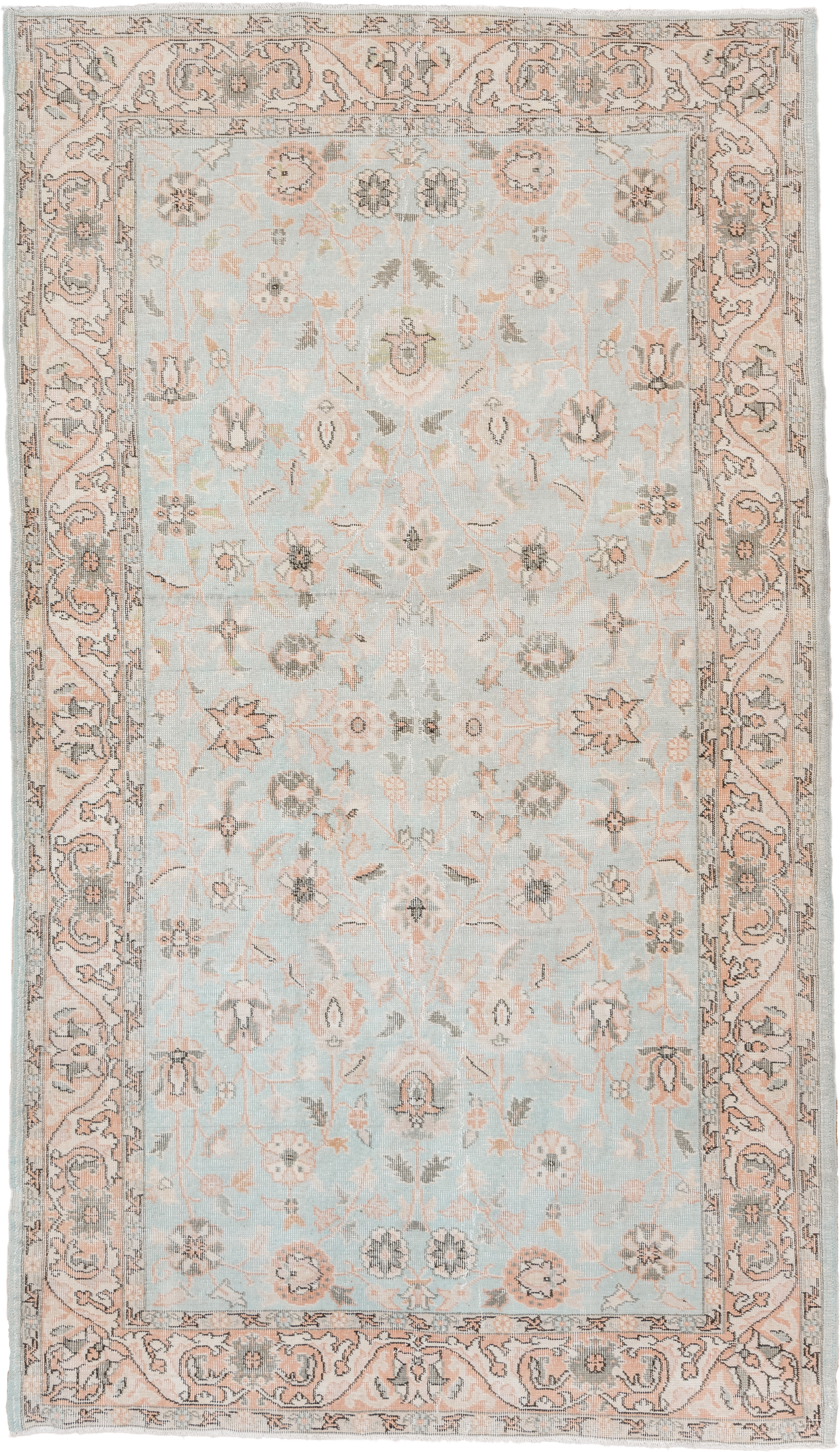 5' x 8' one-of-a-kind handmade vintage Oushak medium size rug. Color palette: pale blue, blush, ivory, sage, taupe, peach