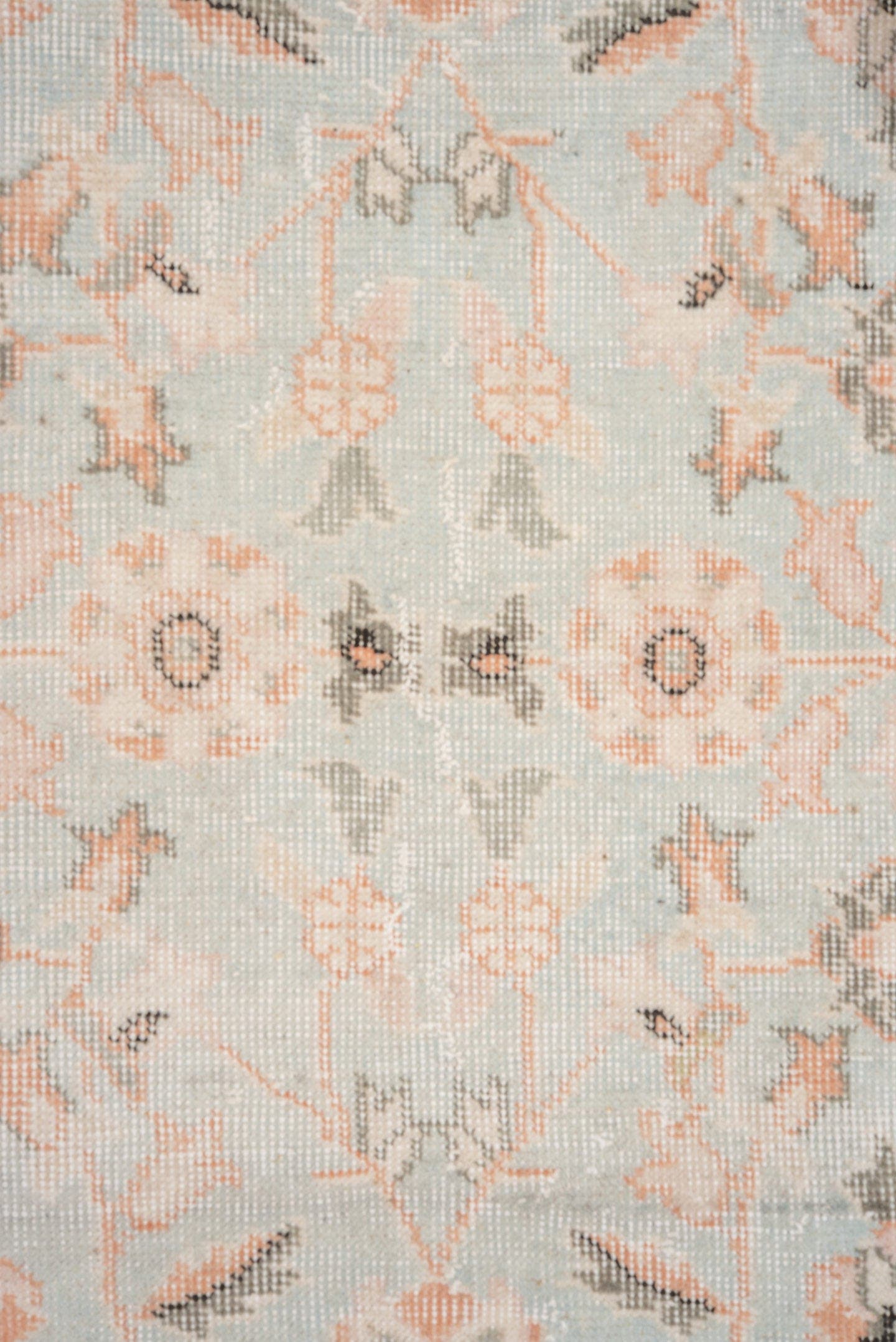5' x 8' one-of-a-kind handmade vintage Oushak medium size rug. Color palette: pale blue, blush, ivory, sage, taupe, peach