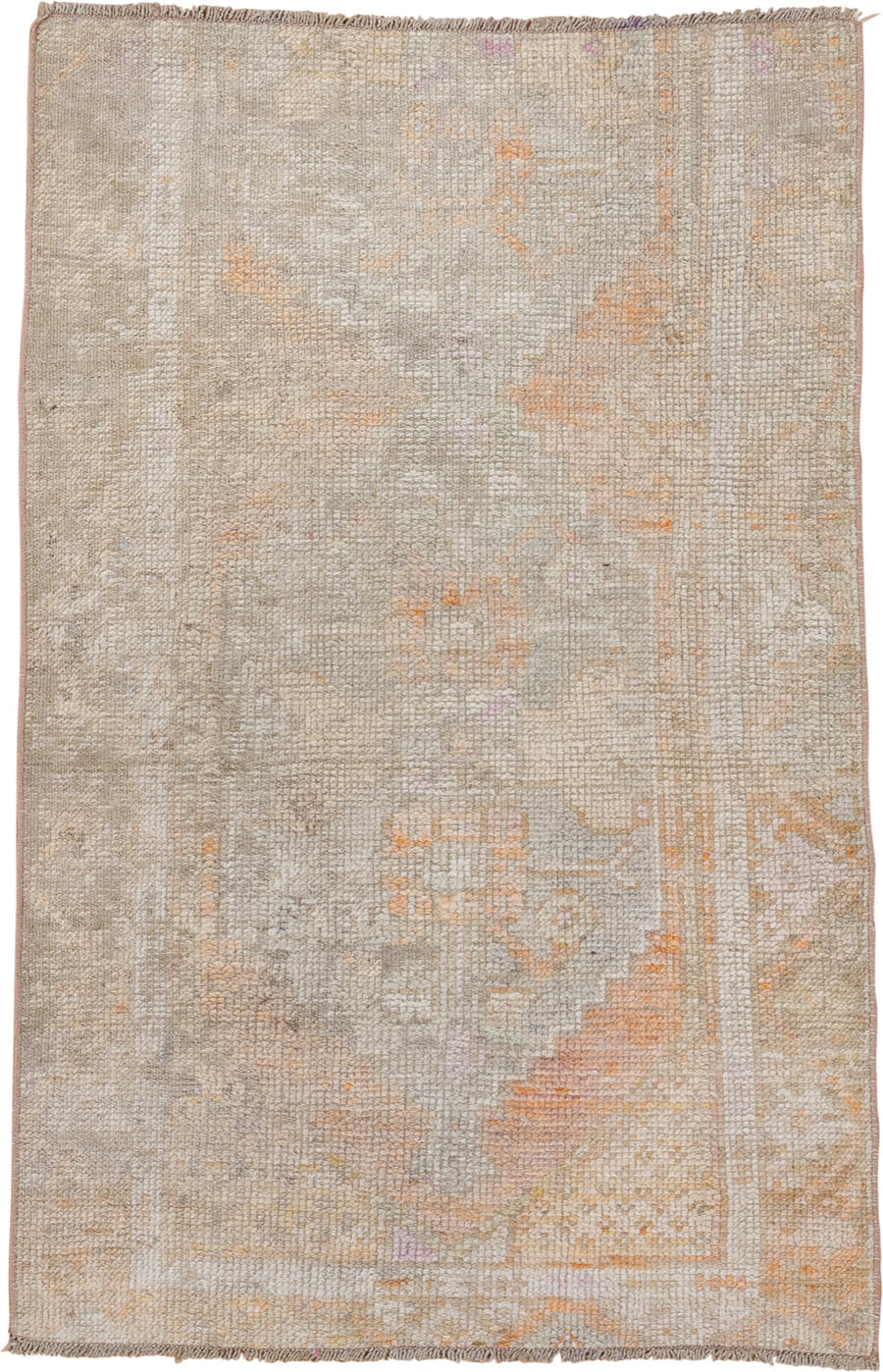 2' x 4' one-of-a-kind handmade vintage Oushak small size rug. Color palette: ivory, taupe, beige, peach, blush, muted gold