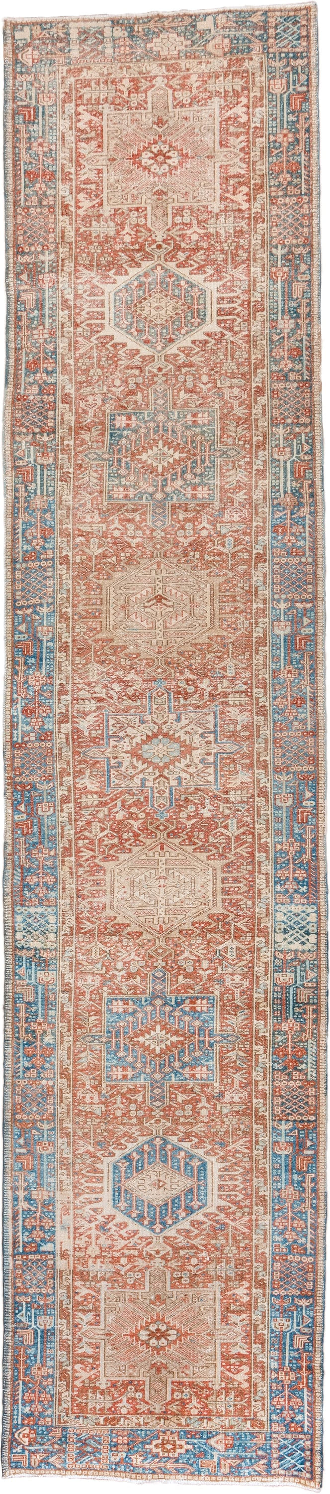 3' x 16' one-of-a-kind handmade vintage Karaje runner rug. Color palette: rust, sky blue, ivory, terracotta, camel, slate