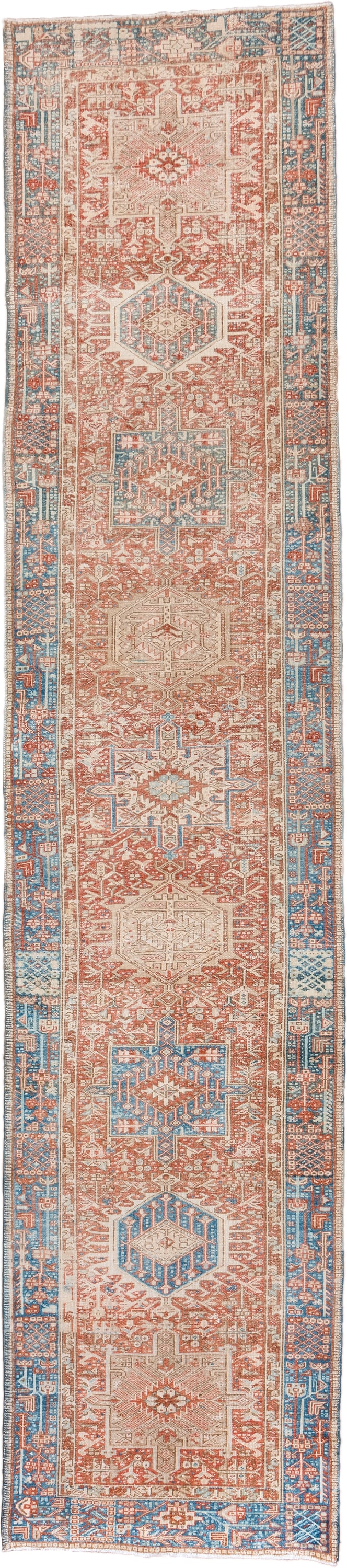 3' x 16' one-of-a-kind handmade vintage Karaje runner rug. Color palette: rust, sky blue, ivory, terracotta, camel, slate