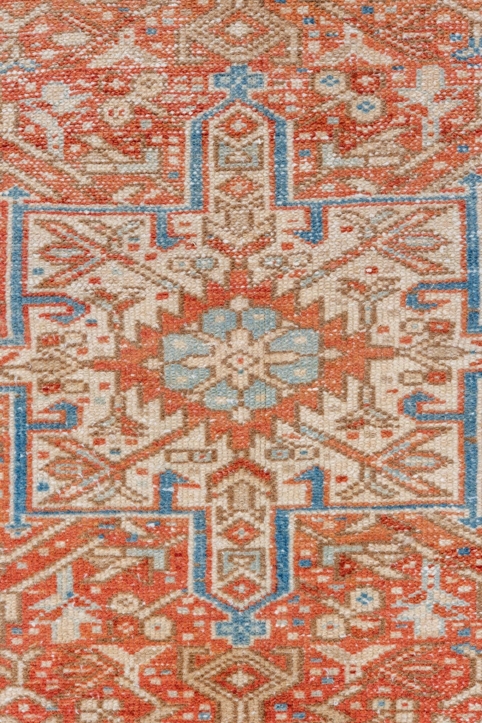 3' x 16' one-of-a-kind handmade vintage Karaje runner rug. Color palette: rust, sky blue, ivory, terracotta, camel, slate