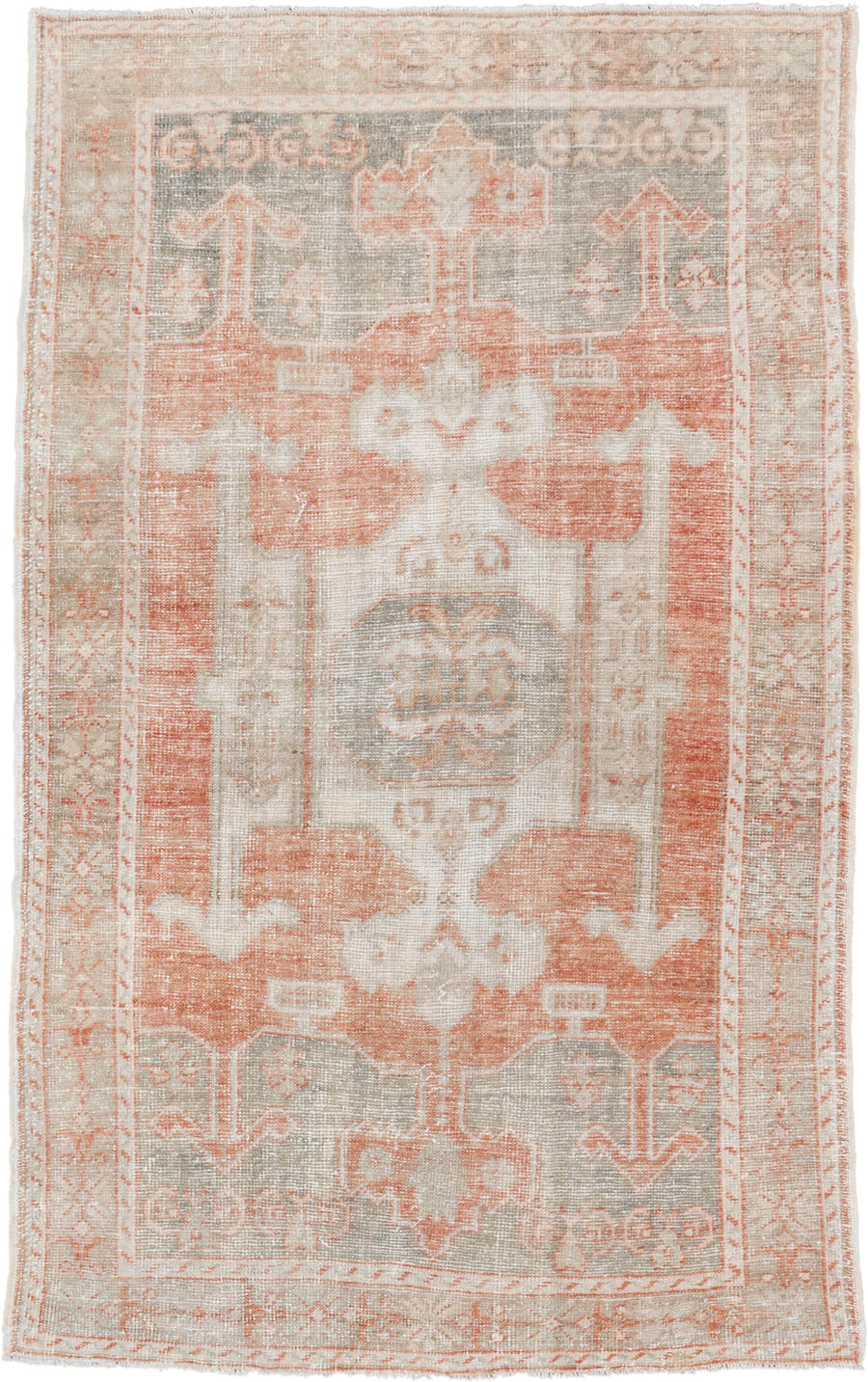 4' x 7' one-of-a-kind handmade vintage Oushak rug. Color palette: ivory, coral, pale gray, beige, blush, terracotta