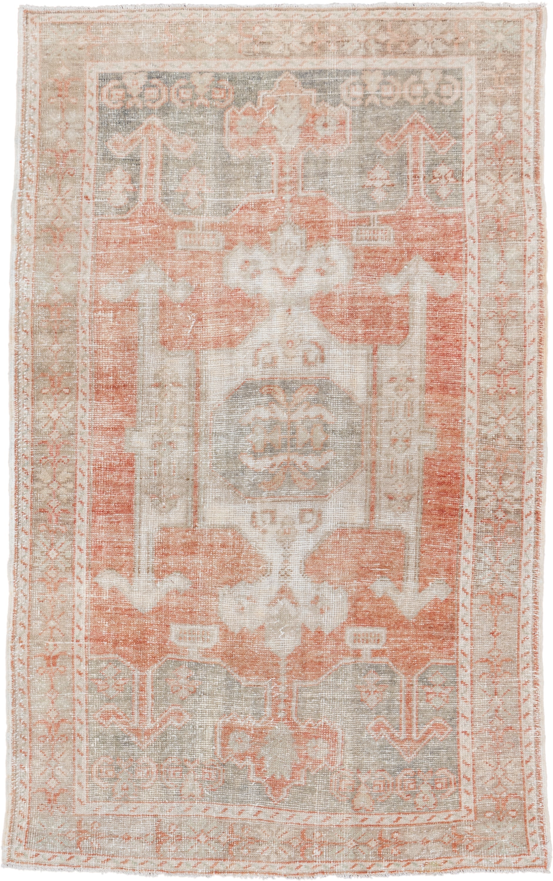 4' x 7' one-of-a-kind handmade vintage Oushak rug. Color palette: ivory, coral, pale gray, beige, blush, terracotta