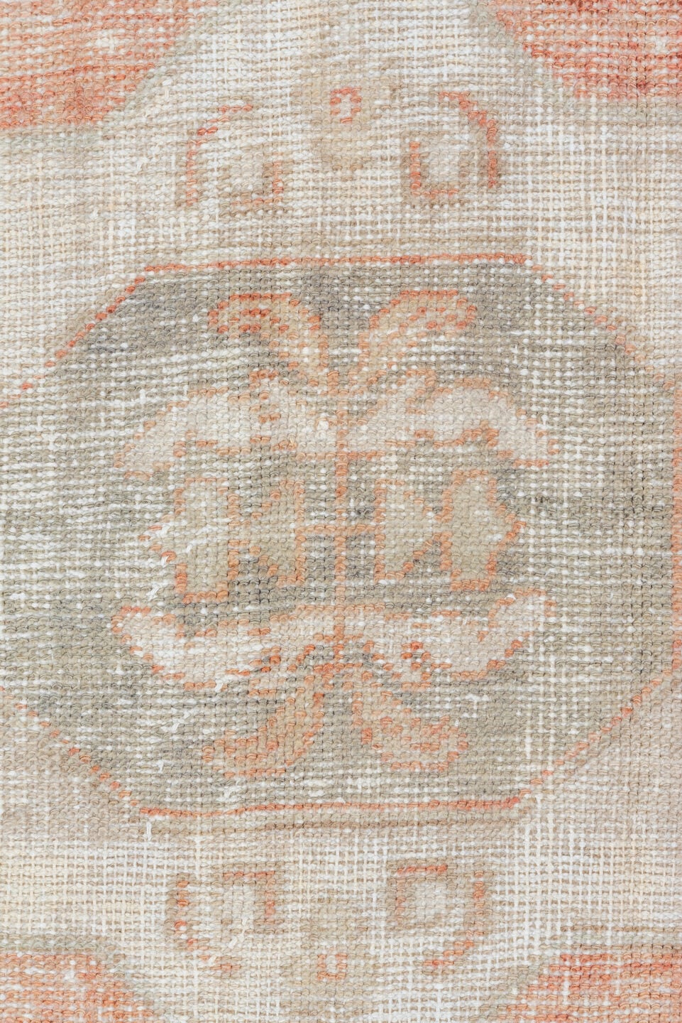 4' x 7' one-of-a-kind handmade vintage Oushak rug. Color palette: ivory, coral, pale gray, beige, blush, terracotta