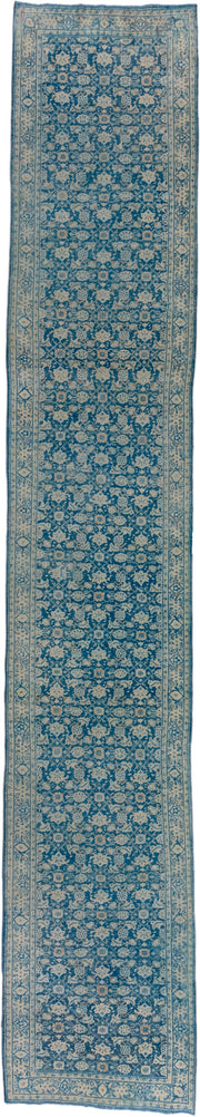 2' x 16' one-of-a-kind handmade vintage Tabriz runner rug. Color palette: blue, ivory, sky blue, navy, cream, light blue