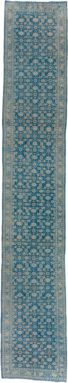 2' x 16' one-of-a-kind handmade vintage Tabriz runner rug. Color palette: blue, ivory, sky blue, navy, cream, light blue