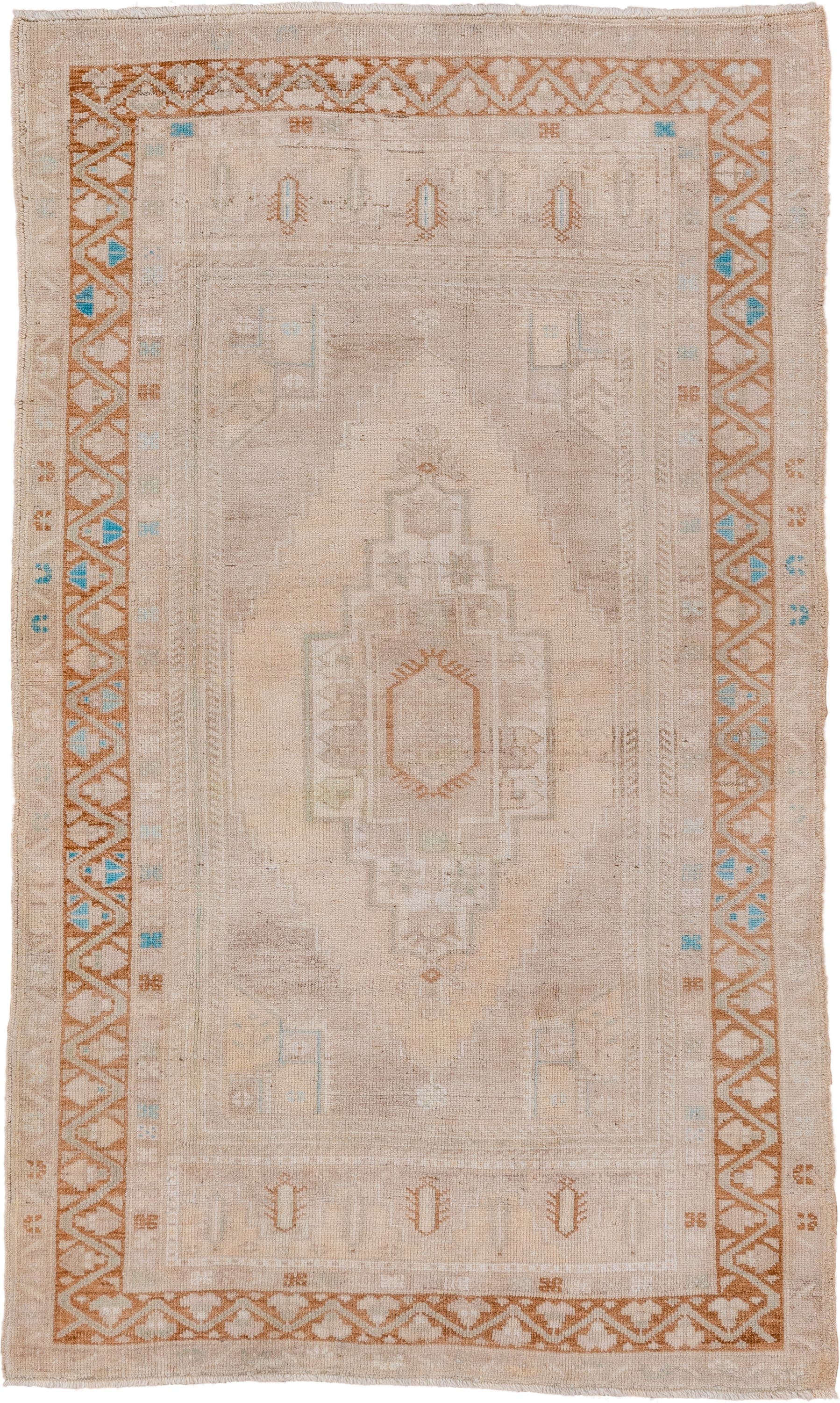 3' x 6' one-of-a-kind handmade vintage Oushak small size rug. Color palette: ivory, beige, camel, taupe, pale_aqua, sand