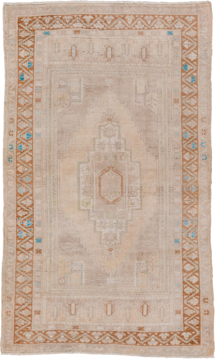 3' x 6' one-of-a-kind handmade vintage Oushak small size rug. Color palette: ivory, beige, camel, taupe, pale_aqua, sand