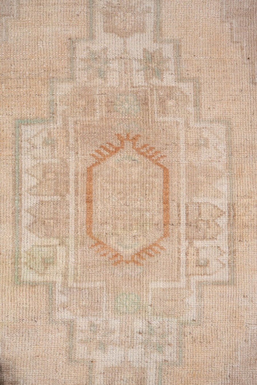 3' x 6' one-of-a-kind handmade vintage Oushak small size rug. Color palette: ivory, beige, camel, taupe, pale_aqua, sand