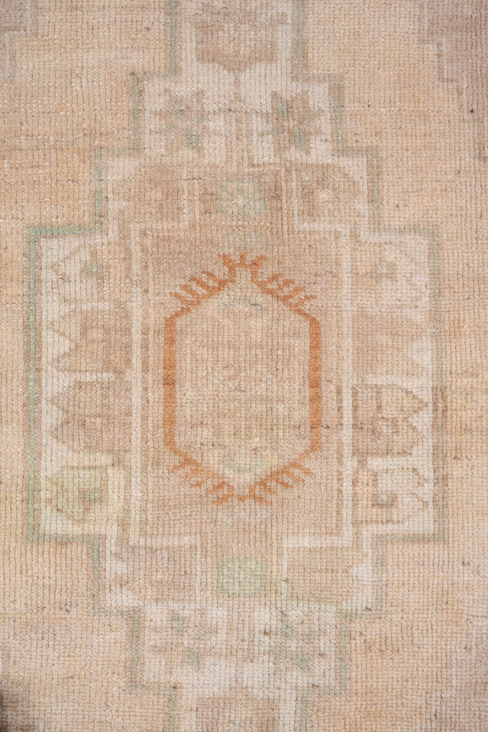 3' x 6' one-of-a-kind handmade vintage Oushak small size rug. Color palette: ivory, beige, camel, taupe, pale_aqua, sand