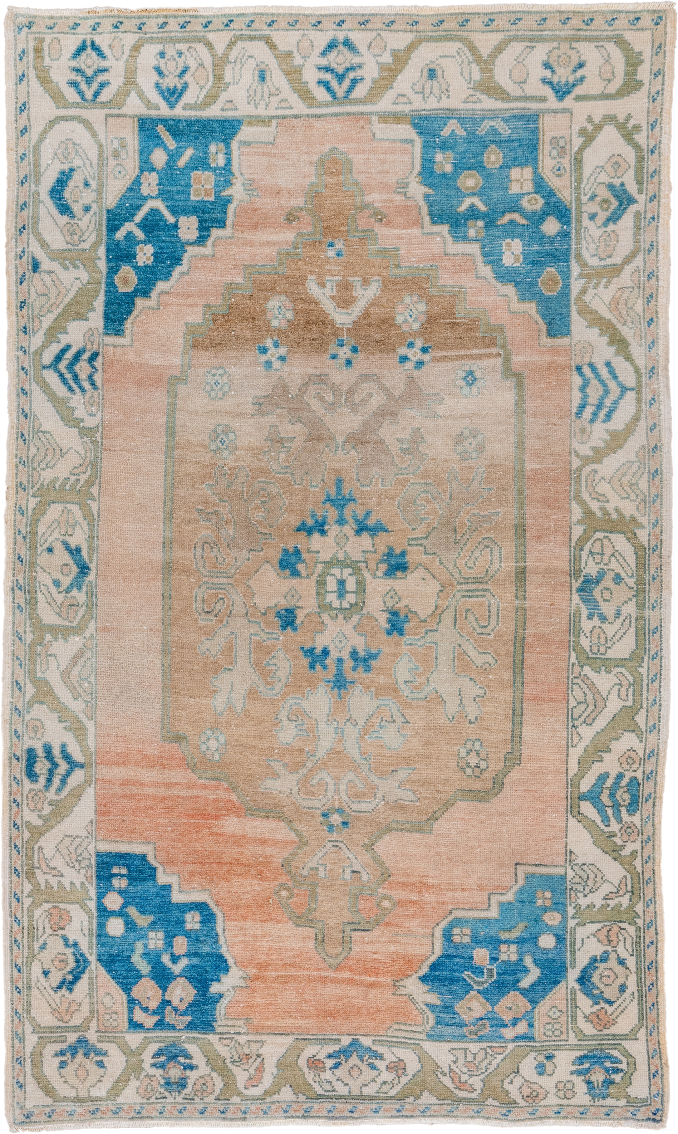 3' x 6' one-of-a-kind handmade vintage Oushak small size rug. Color palette: peach, ivory, sky_blue, taupe, olive, beige