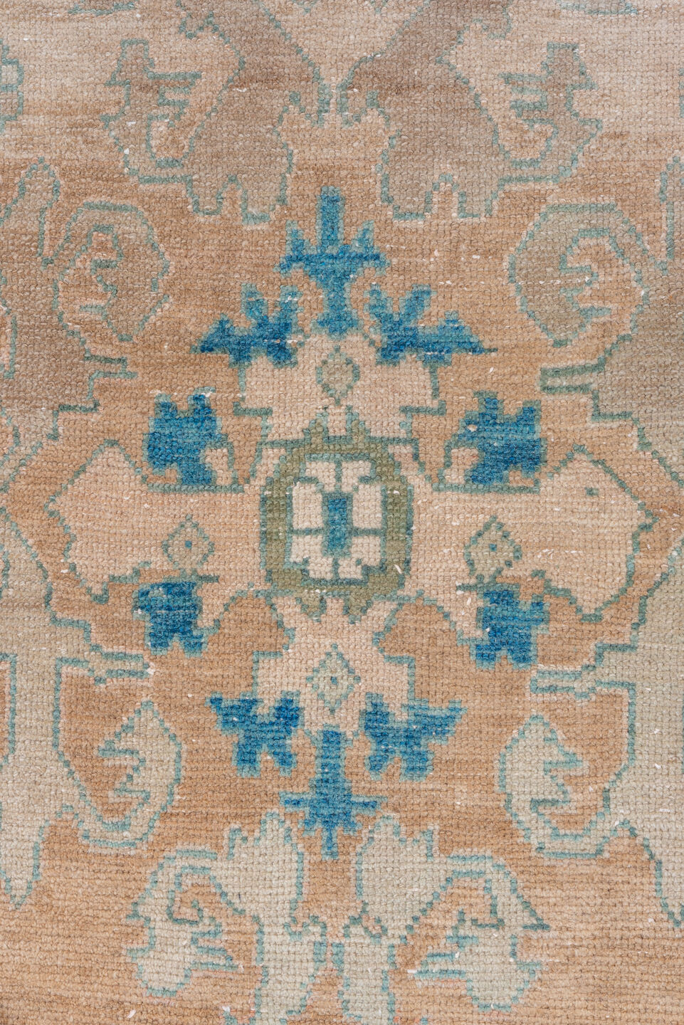 3' x 6' one-of-a-kind handmade vintage Oushak small size rug. Color palette: peach, ivory, sky_blue, taupe, olive, beige
