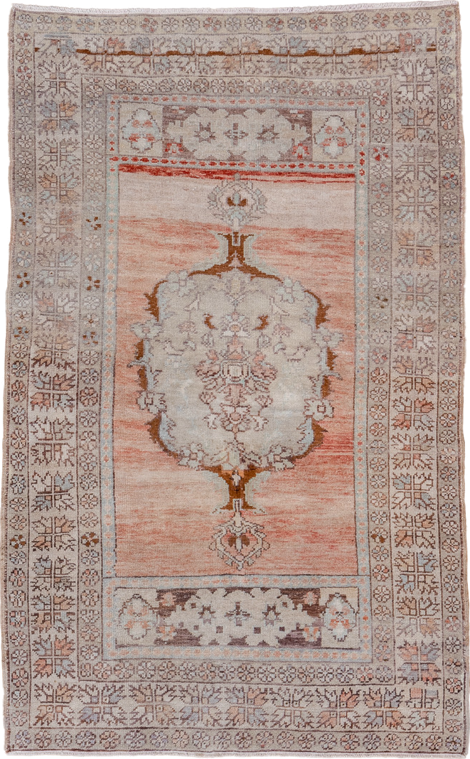 3' x 5' one-of-a-kind handmade vintage Oushak small size rug. Color palette: blush, ivory, taupe, camel, brown, pale blue