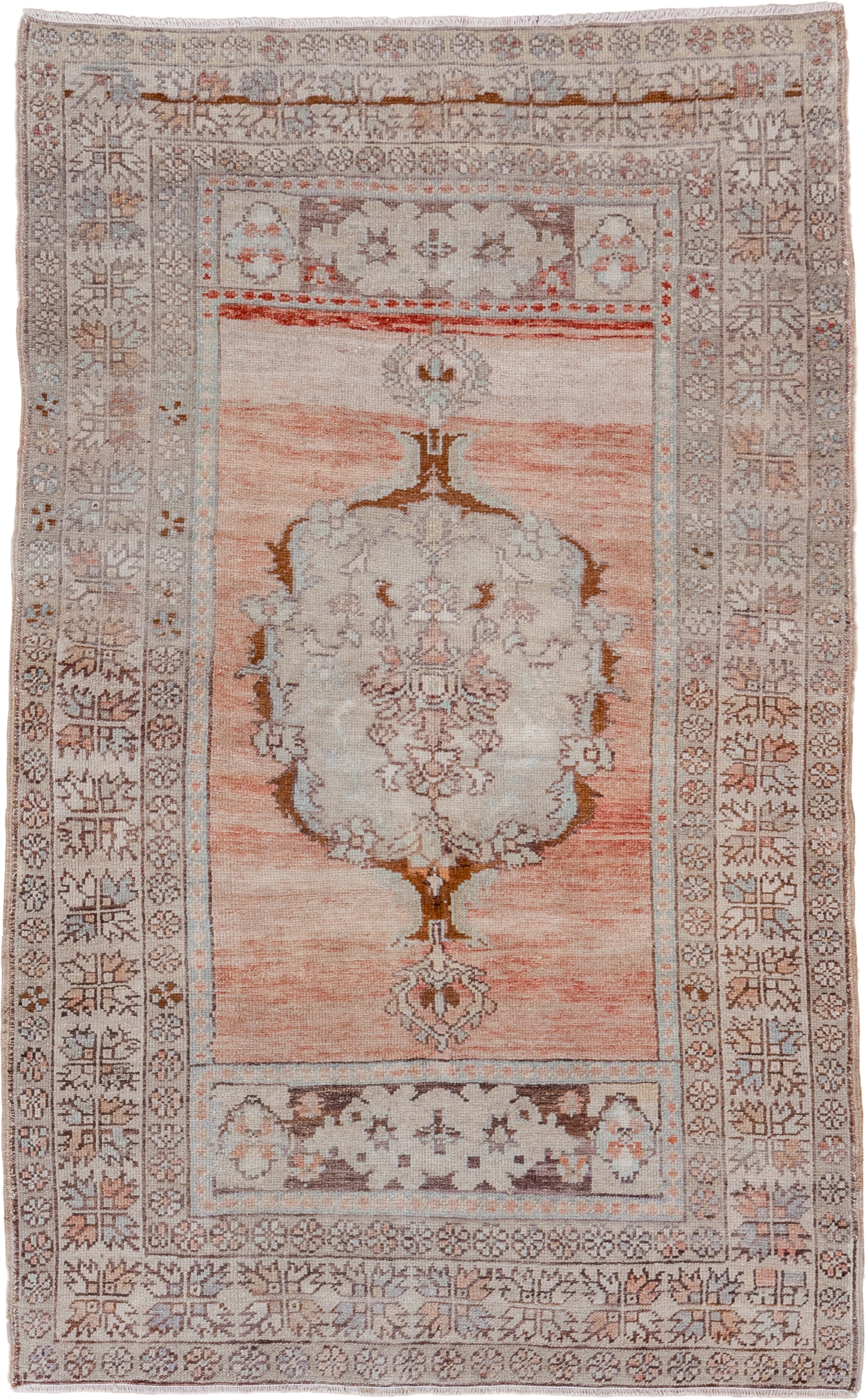 3' x 5' one-of-a-kind handmade vintage Oushak small size rug. Color palette: blush, ivory, taupe, camel, brown, pale blue