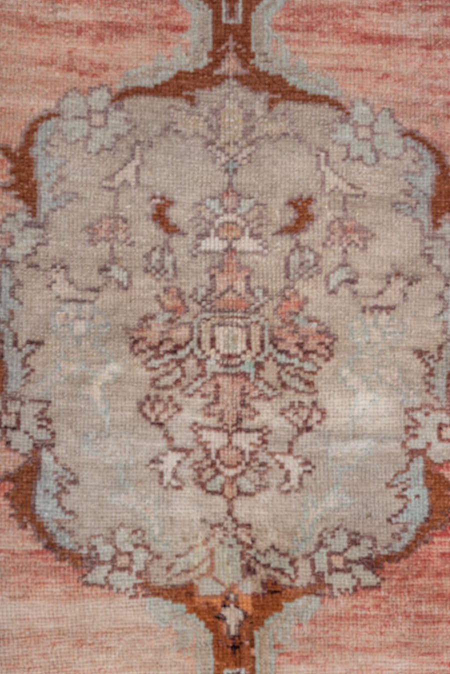 3' x 5' one-of-a-kind handmade vintage Oushak small size rug. Color palette: blush, ivory, taupe, camel, brown, pale blue