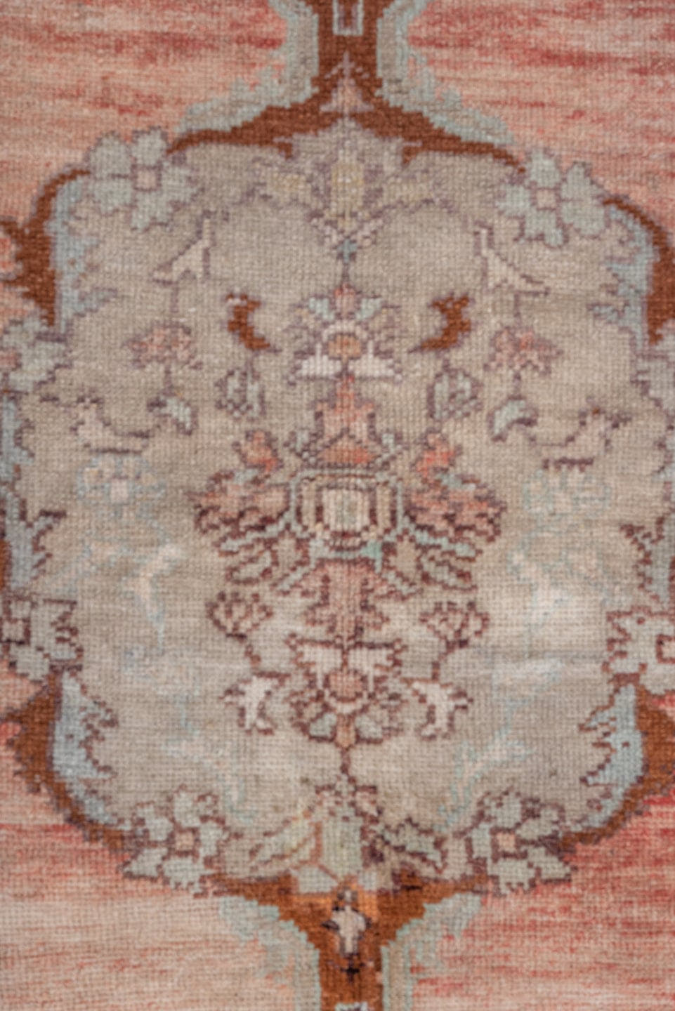 3' x 5' one-of-a-kind handmade vintage Oushak small size rug. Color palette: blush, ivory, taupe, camel, brown, pale blue