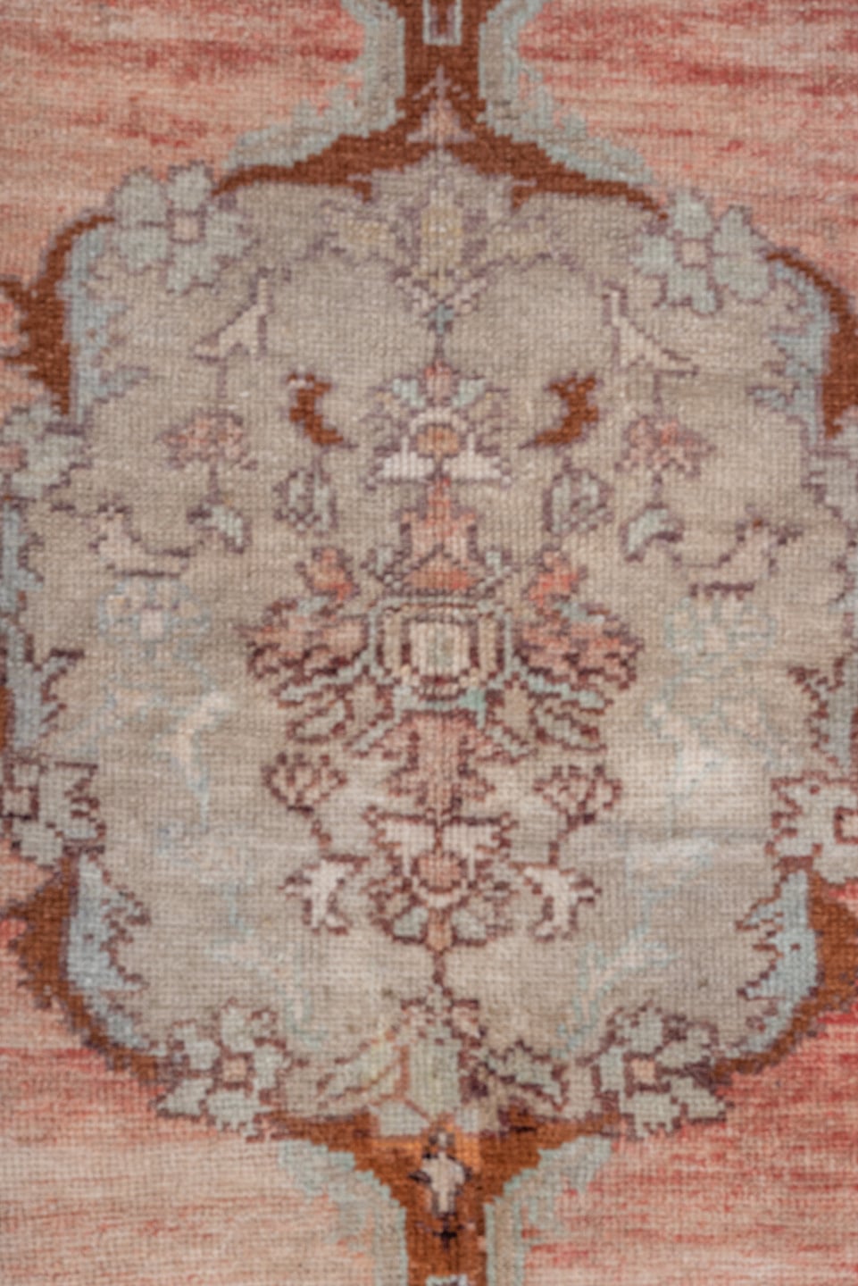 3' x 5' one-of-a-kind handmade vintage Oushak small size rug. Color palette: blush, ivory, taupe, camel, brown, pale blue