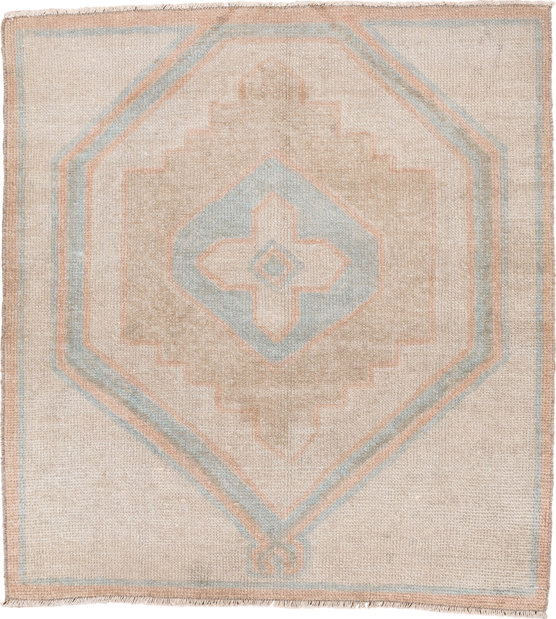 3' x 3' one-of-a-kind handmade vintage Oushak small size rug. Color palette: ivory, beige, pale blue, blush, sand