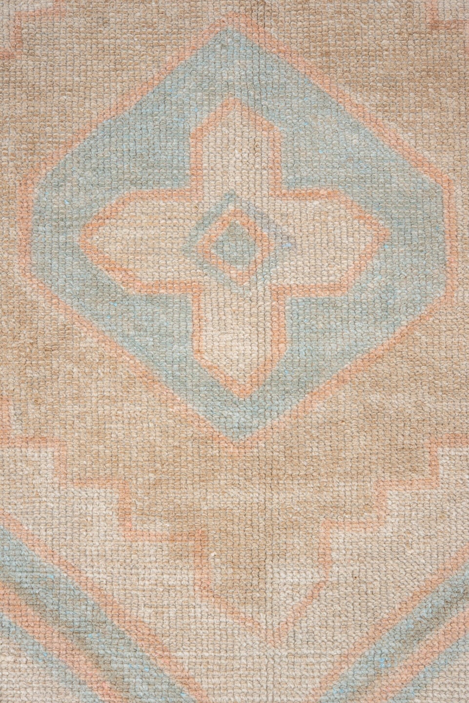 3' x 3' one-of-a-kind handmade vintage Oushak small size rug. Color palette: ivory, beige, pale blue, blush, sand