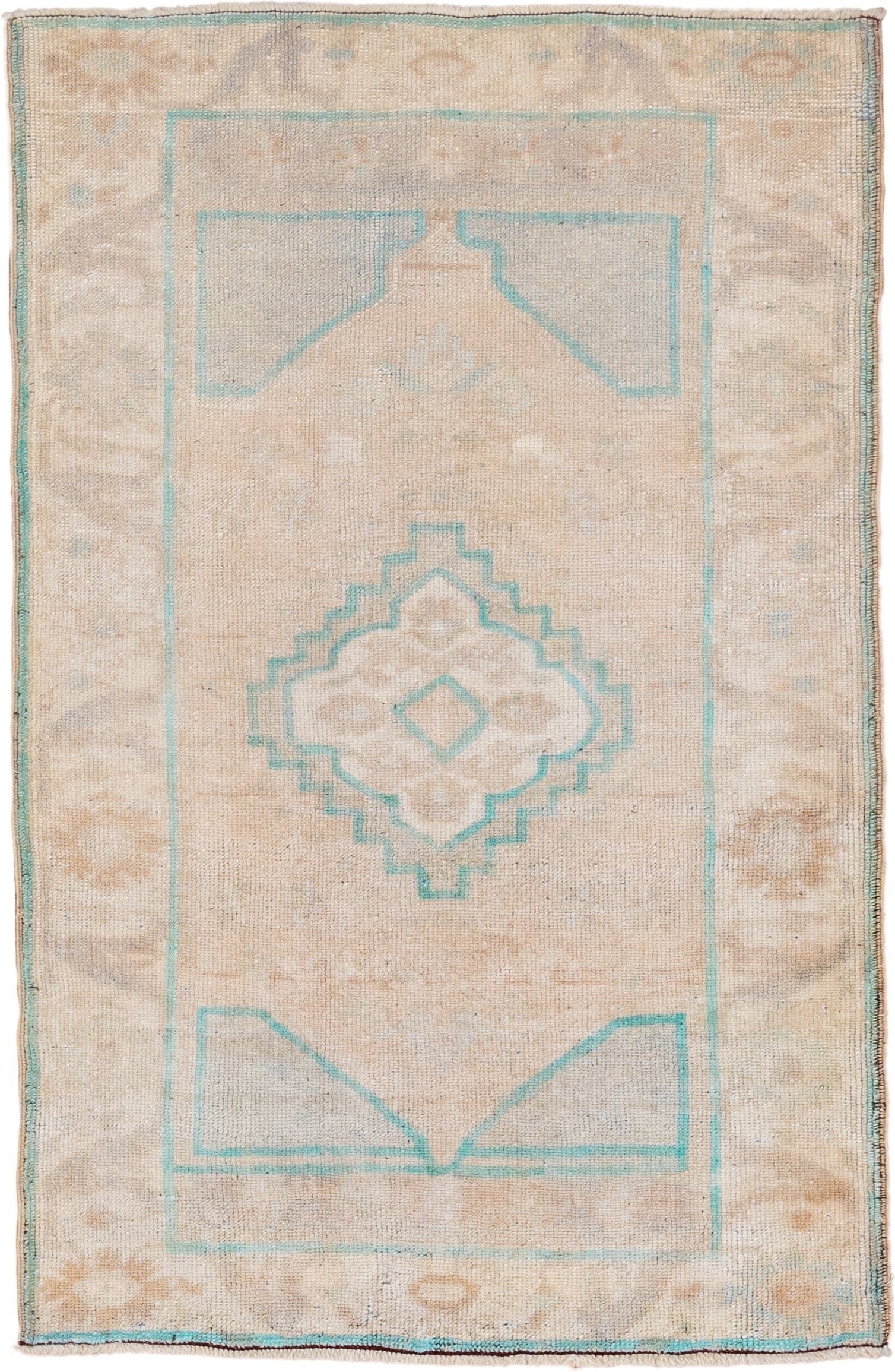 2' x 4' one-of-a-kind handmade vintage Oushak small size rug. Color palette: ivory, aqua, beige, taupe, sand, teal, gray