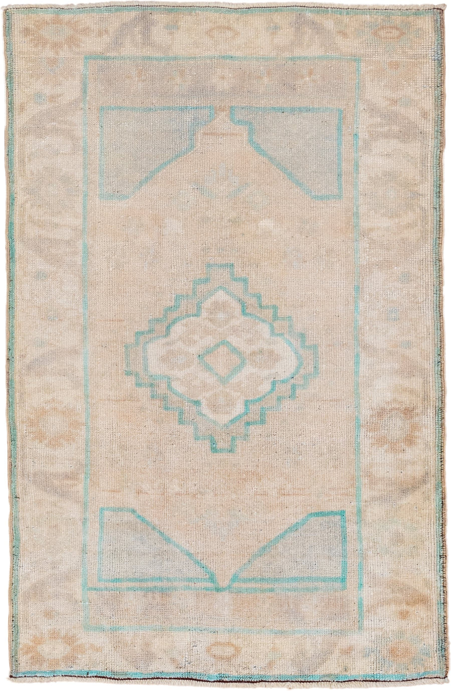 2' x 4' one-of-a-kind handmade vintage Oushak small size rug. Color palette: ivory, aqua, beige, taupe, sand, teal, gray