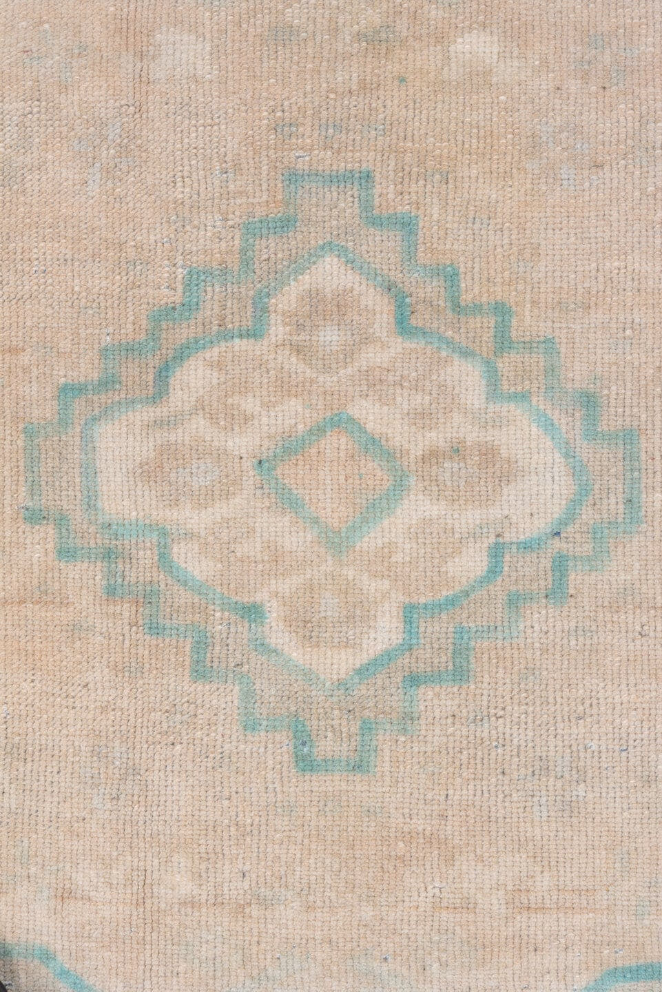 2' x 4' one-of-a-kind handmade vintage Oushak small size rug. Color palette: ivory, aqua, beige, taupe, sand, teal, gray