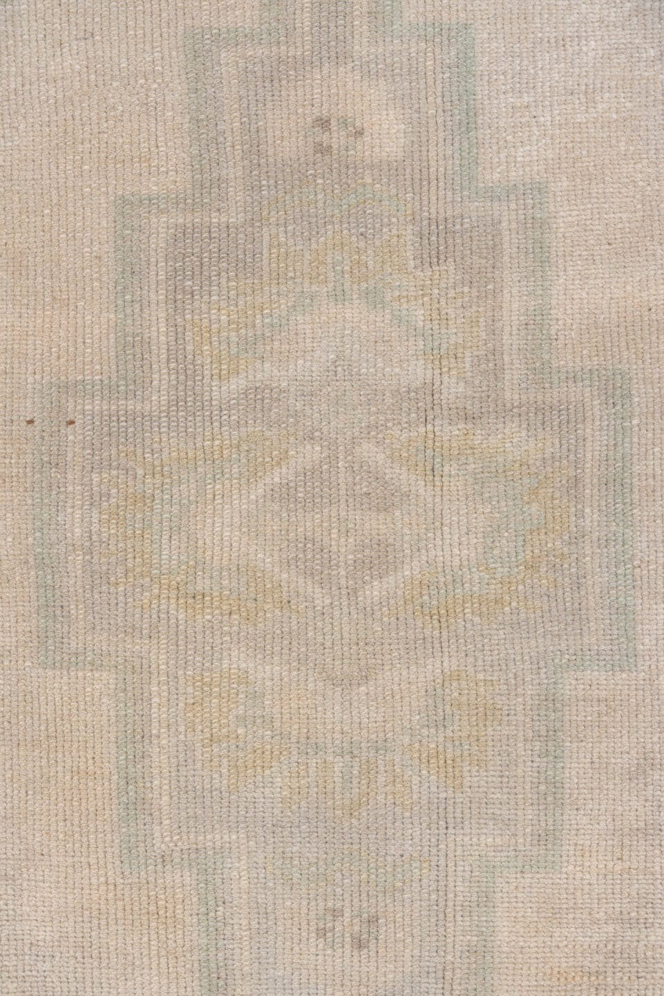 2' x 5' one-of-a-kind handmade vintage Oushak small size rug. Color palette: ivory, taupe, sage, pale gold, beige, gray