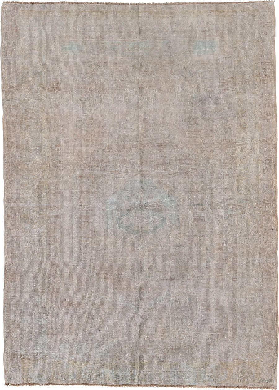 5' x 6' one-of-a-kind handmade vintage Oushak rug. Color palette: beige, ivory, pale blue, taupe, cream, light blue, gray
