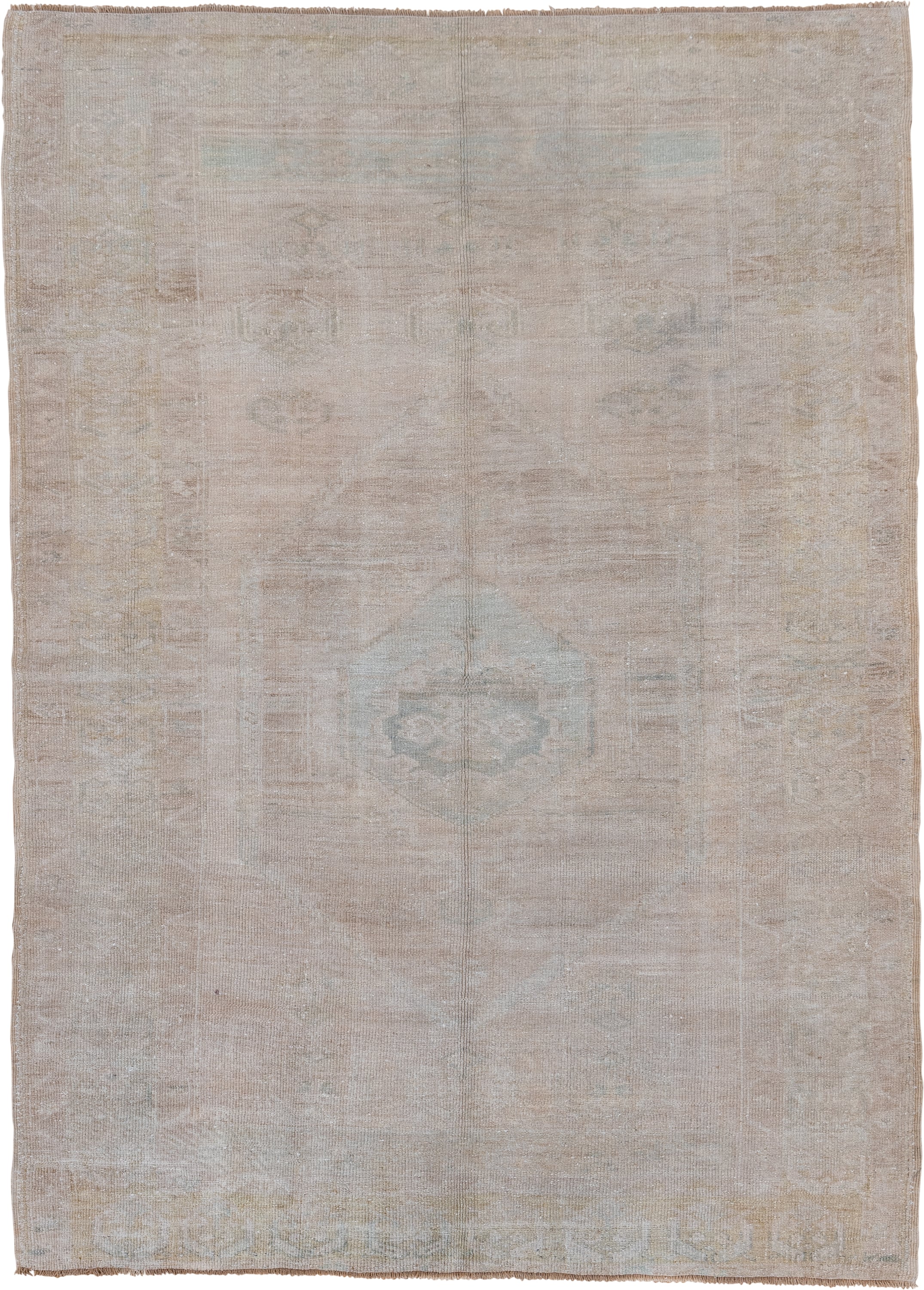 5' x 6' one-of-a-kind handmade vintage Oushak rug. Color palette: beige, ivory, pale blue, taupe, cream, light blue, gray