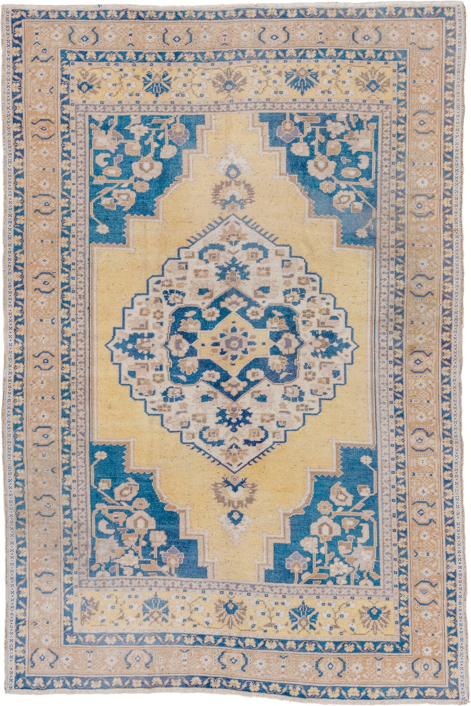5' x 8' one-of-a-kind handmade vintage Oushak medium size rug. Color palette: ivory, blue, pale yellow, beige, taupe, gold