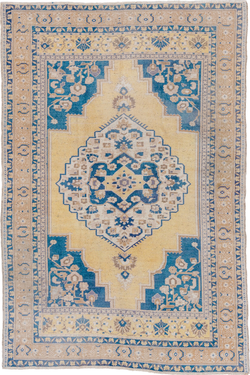 5' x 8' one-of-a-kind handmade vintage Oushak medium size rug. Color palette: ivory, blue, pale yellow, beige, taupe, gold