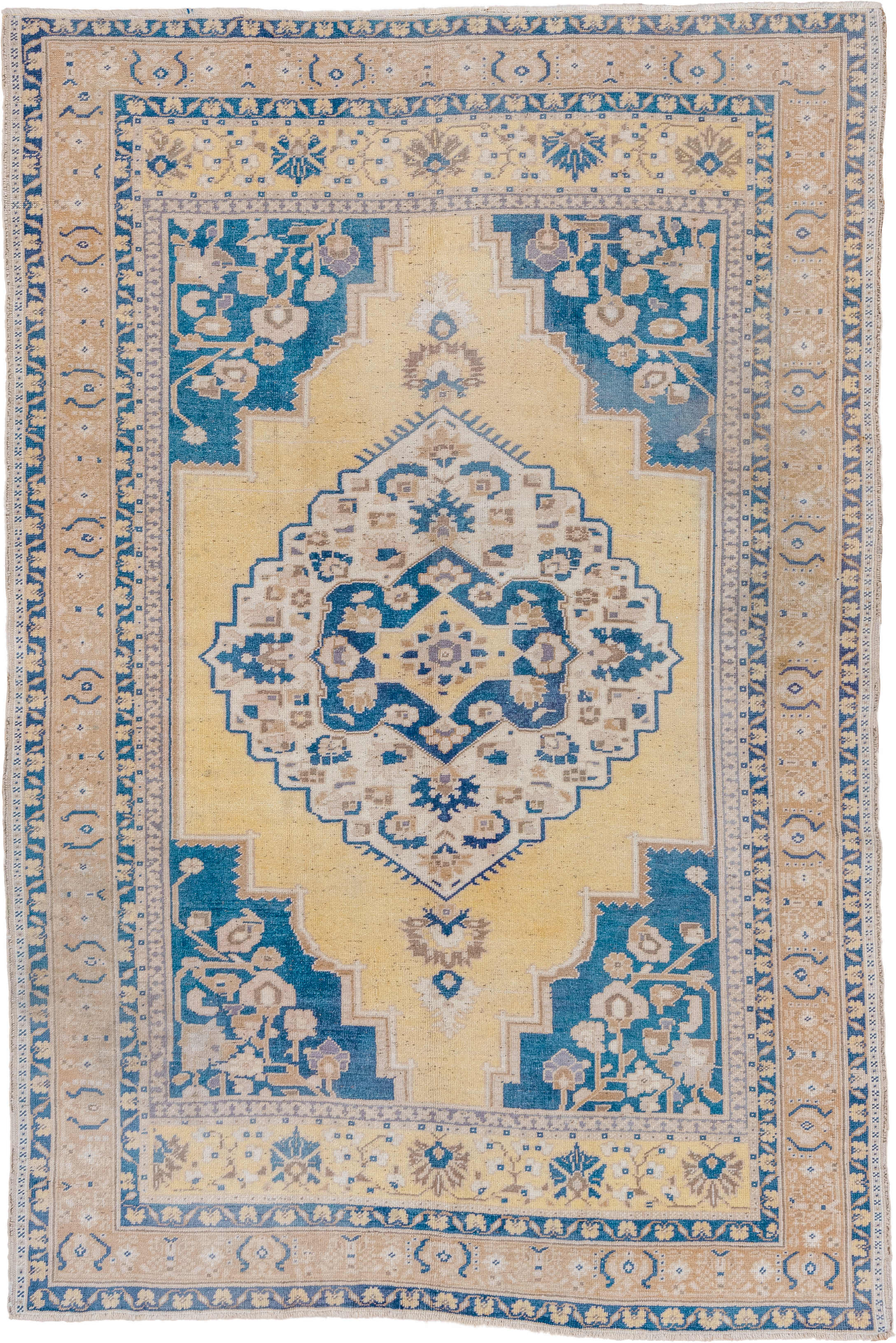5' x 8' one-of-a-kind handmade vintage Oushak medium size rug. Color palette: ivory, blue, pale yellow, beige, taupe, gold