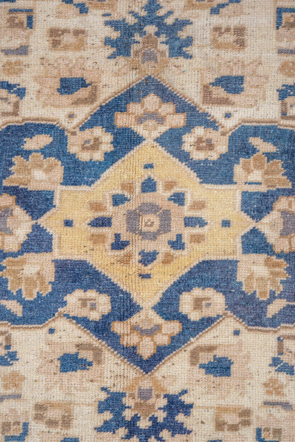 5' x 8' one-of-a-kind handmade vintage Oushak medium size rug. Color palette: ivory, blue, pale yellow, beige, taupe, gold