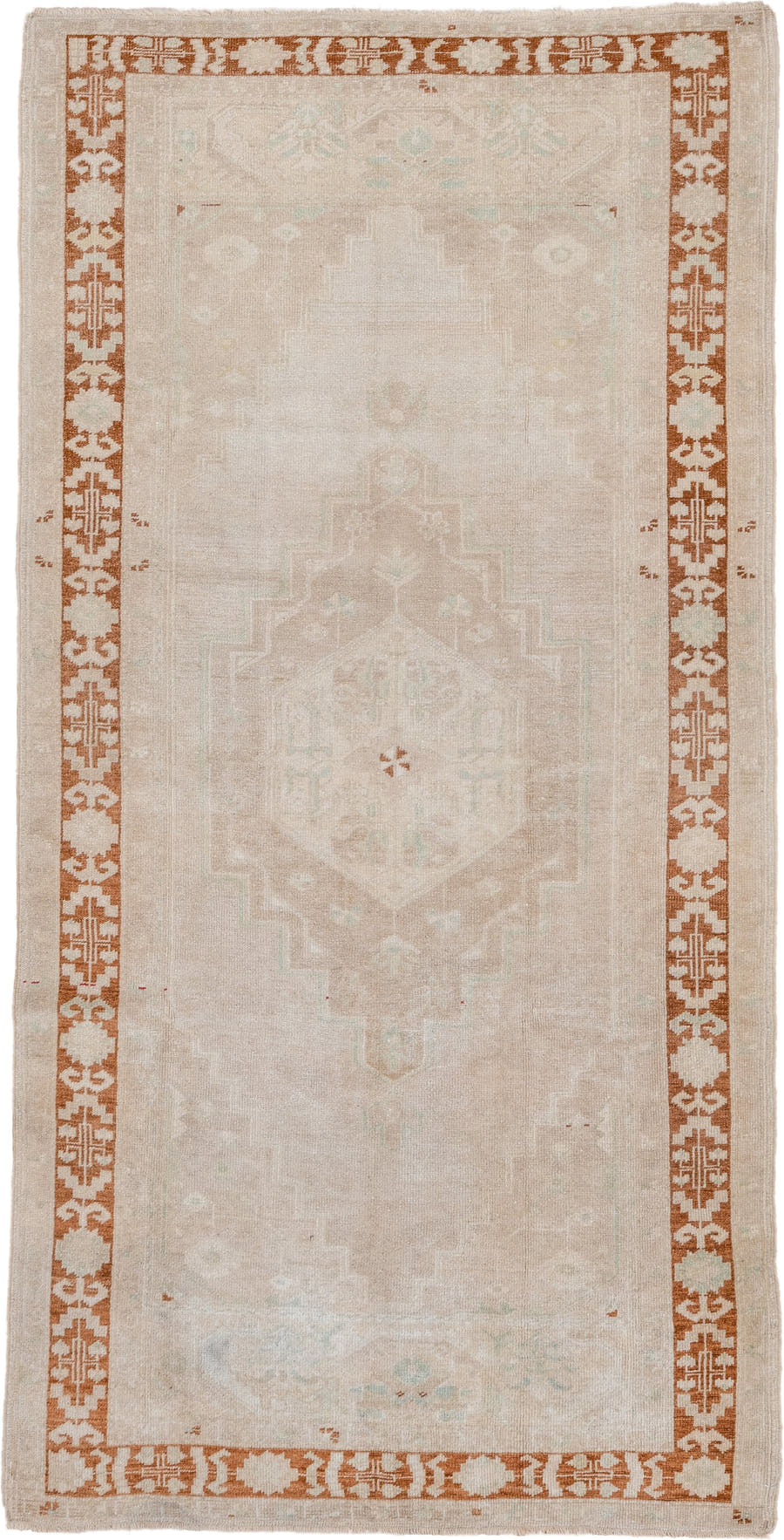 4' x 8' one-of-a-kind handmade vintage Oushak rug. Color palette: ivory, beige, rust, cream, pale aqua, taupe, terracotta