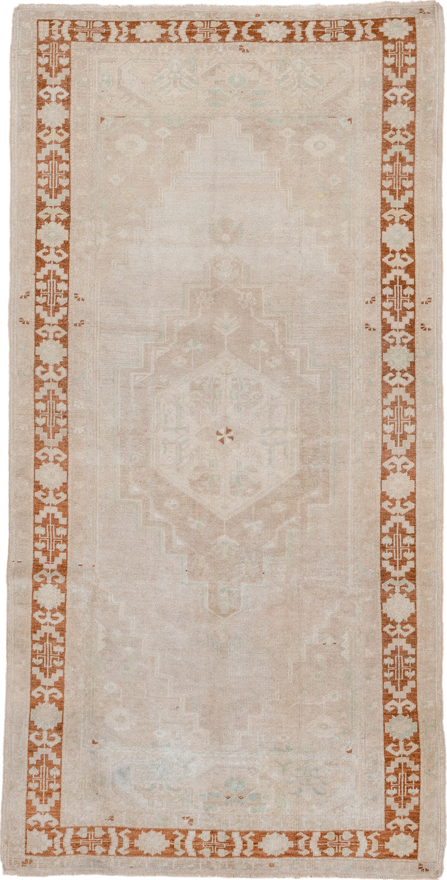 4' x 8' one-of-a-kind handmade vintage Oushak rug. Color palette: ivory, beige, rust, cream, pale aqua, taupe, terracotta