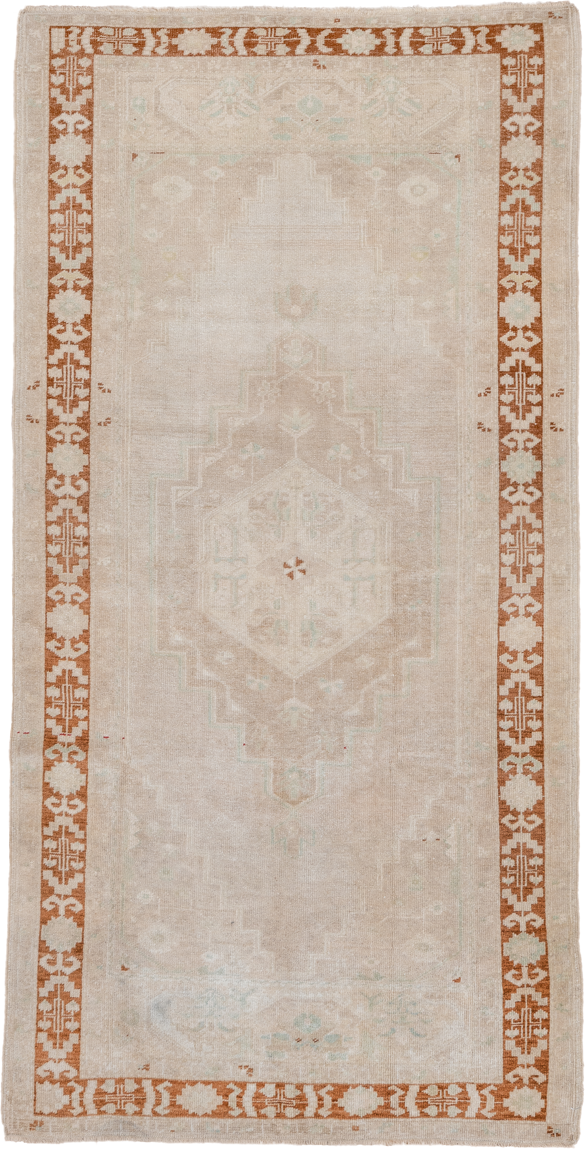 4' x 8' one-of-a-kind handmade vintage Oushak rug. Color palette: ivory, beige, rust, cream, pale aqua, taupe, terracotta