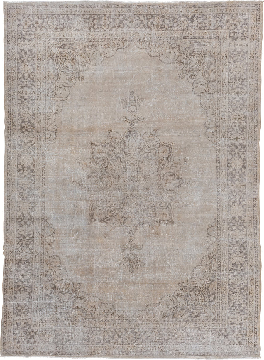 7' x 10' one-of-a-kind handmade vintage Oushak large size rug. Color palette: ivory, taupe, beige, stone, greige, gray