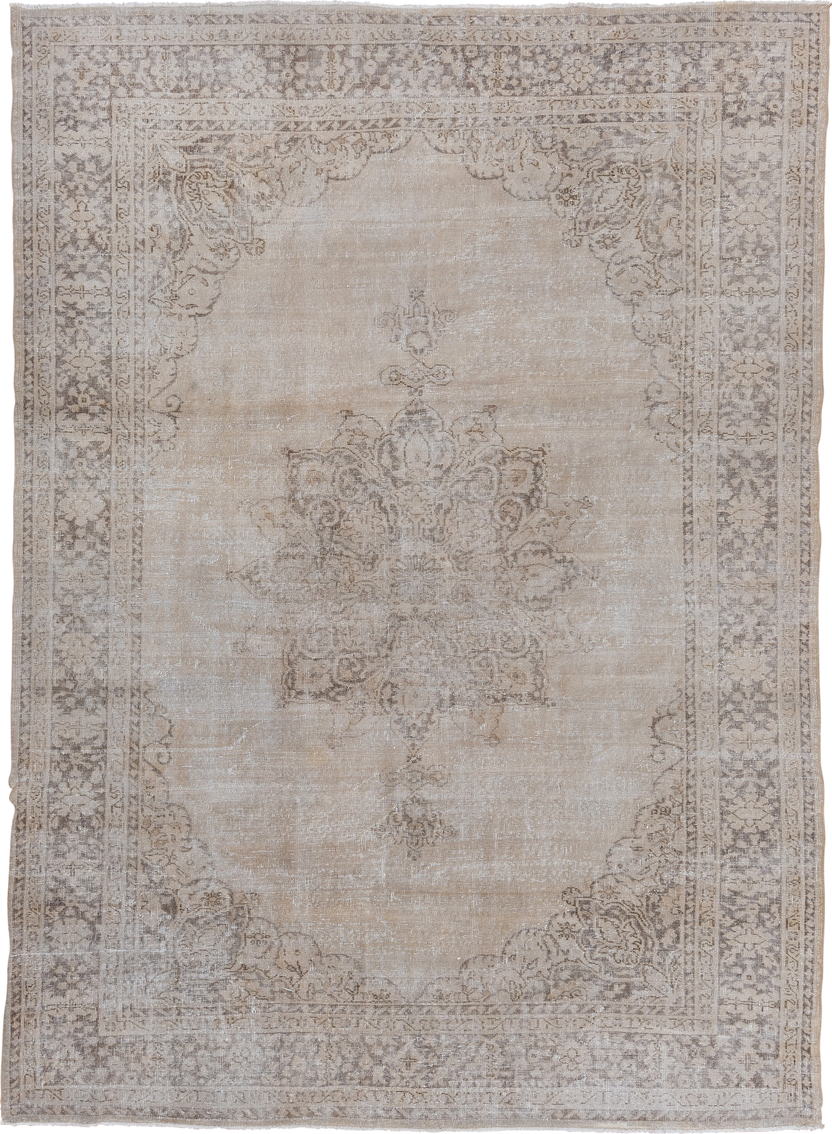 7' x 10' one-of-a-kind handmade vintage Oushak large size rug. Color palette: ivory, taupe, beige, stone, greige, gray