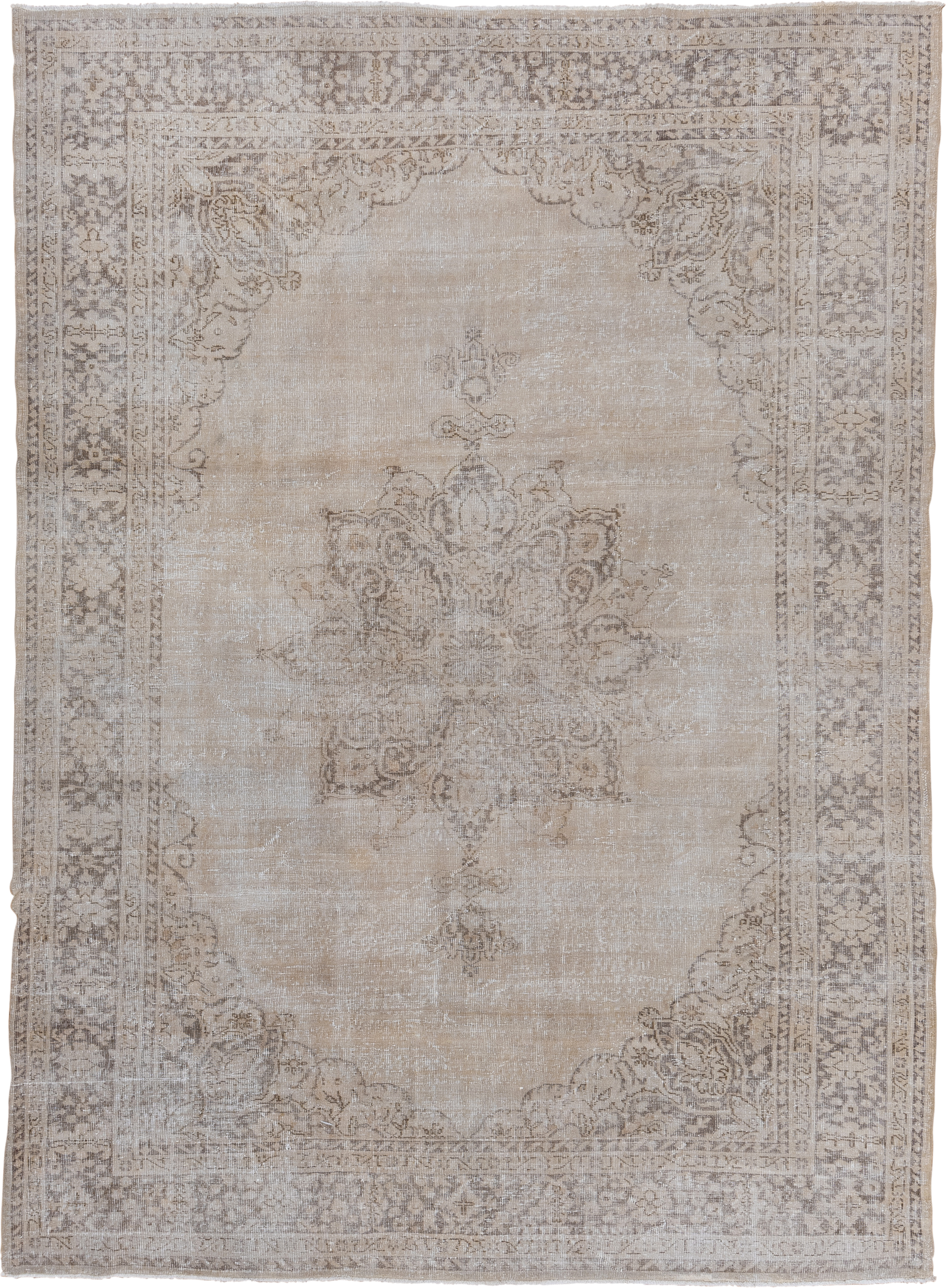 7' x 10' one-of-a-kind handmade vintage Oushak large size rug. Color palette: ivory, taupe, beige, stone, greige, gray