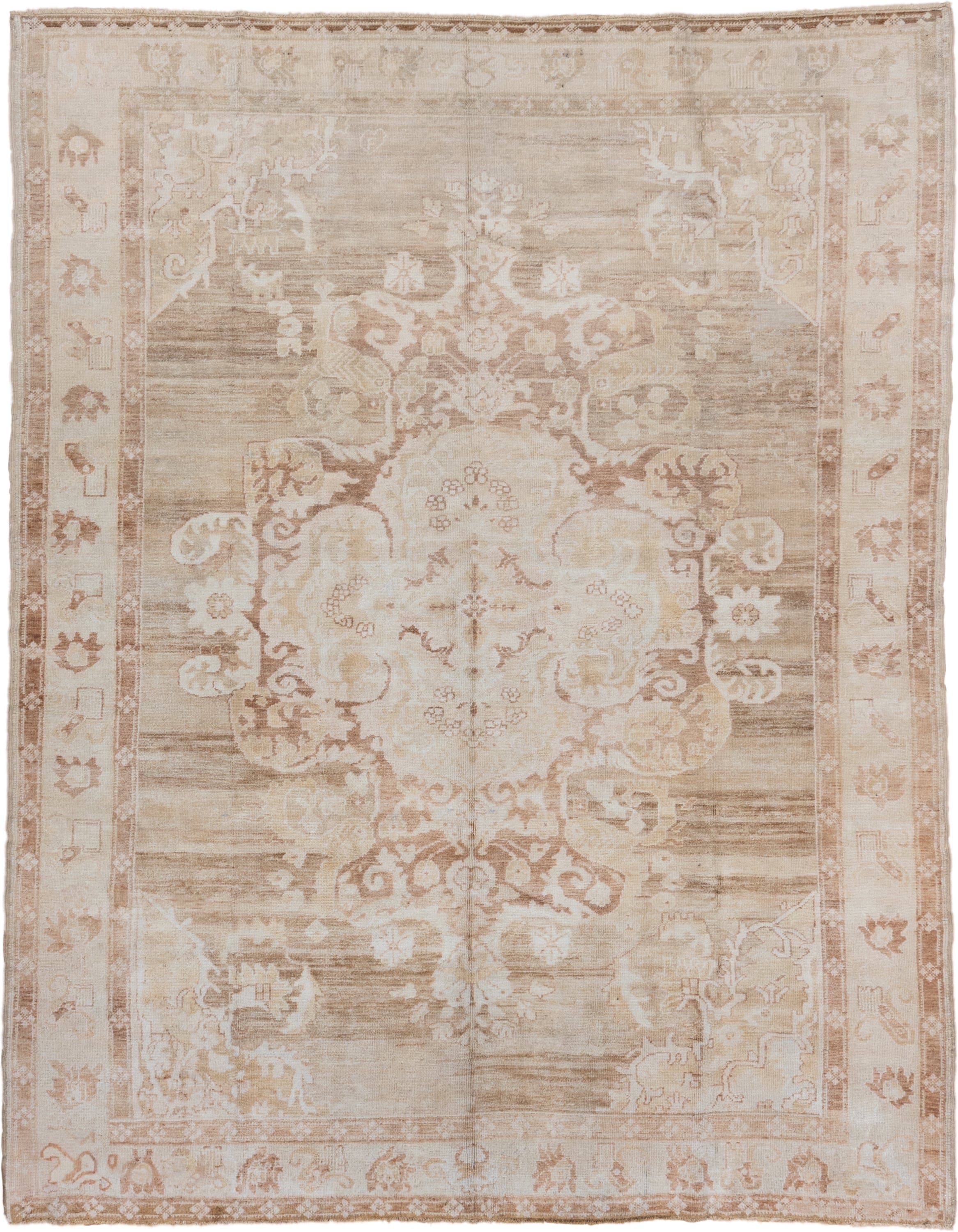 7' x 9' one-of-a-kind handmade vintage Oushak rug. Color palette: ivory, taupe, beige, blush, camel, cream, gray, pink