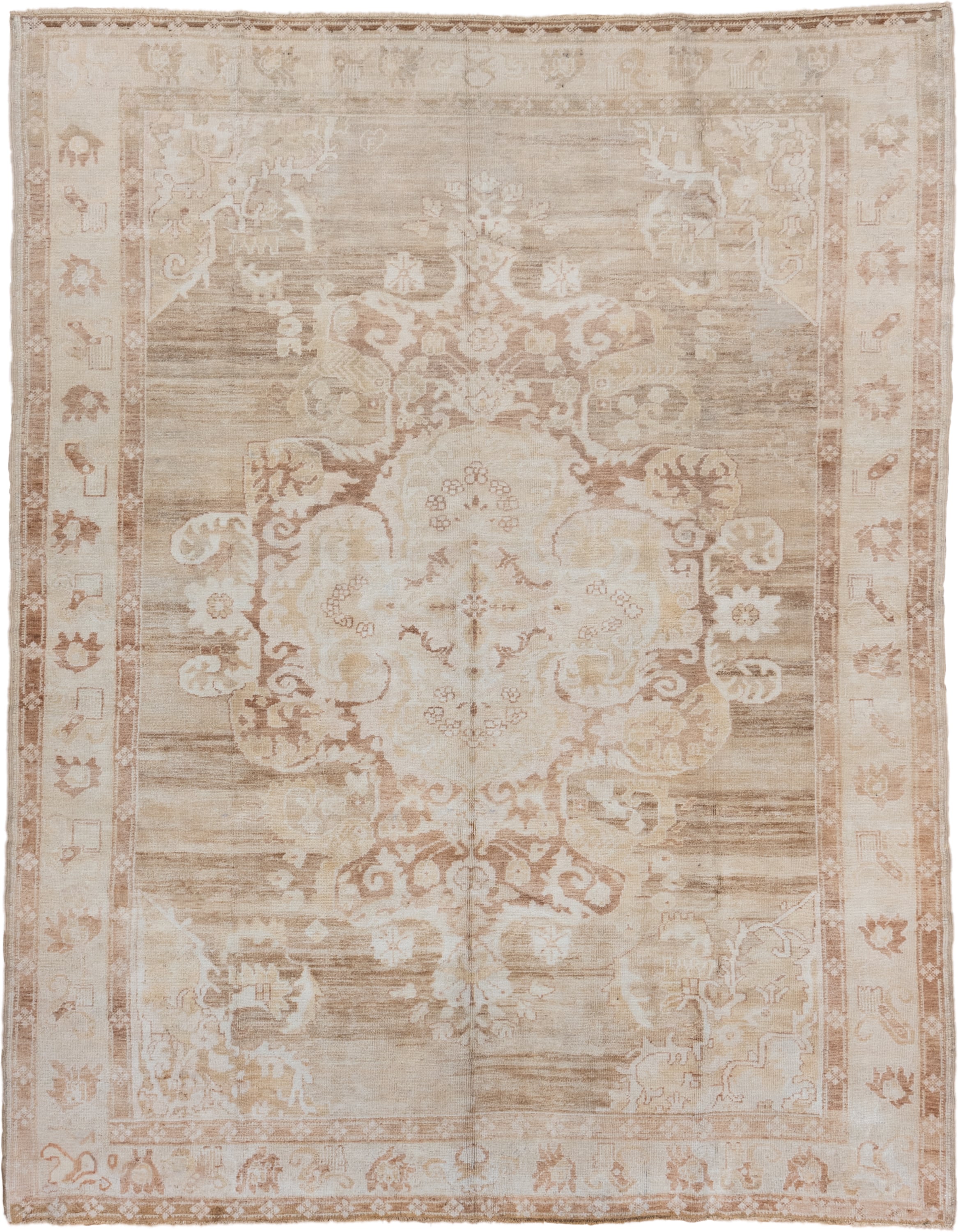 7' x 9' one-of-a-kind handmade vintage Oushak rug. Color palette: ivory, taupe, beige, blush, camel, cream, gray, pink