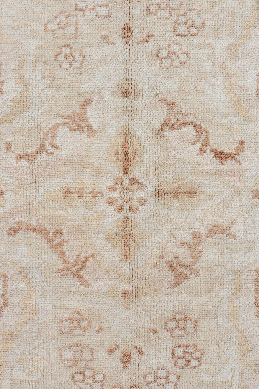 7' x 9' one-of-a-kind handmade vintage Oushak rug. Color palette: ivory, taupe, beige, blush, camel, cream, gray, pink
